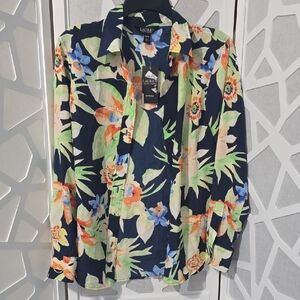 Lauren Ralph Lauren Navy Floral  Shirt Blouse Lightwright Long Sleeve Tropical